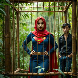 A beautiful Asian woman with fair skin, wearing a red hijab and a Superman outfit, is trapped in a bamboo cage in the middle of a lush forest