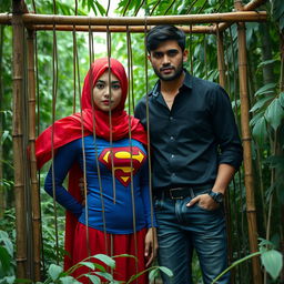 A beautiful Asian woman with fair skin, wearing a red hijab and a Superman outfit, is trapped in a bamboo cage in the middle of a lush forest