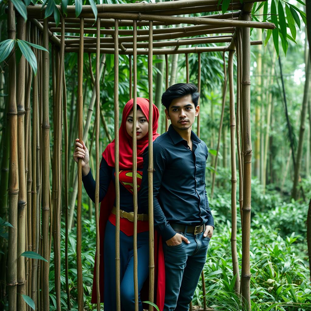 A beautiful Asian woman with fair skin, wearing a red hijab and a Superman outfit, is trapped in a bamboo cage in the middle of a lush forest