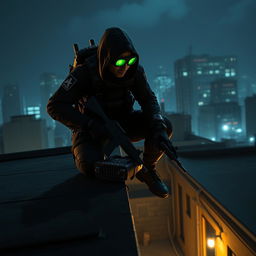 A stealthy operative inspired by the aesthetic of Splinter Cell, dressed in a tactical black suit equipped with advanced technology