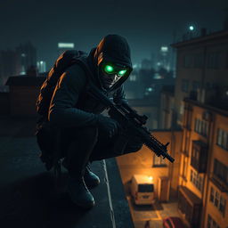 A stealthy operative inspired by the aesthetic of Splinter Cell, dressed in a tactical black suit equipped with advanced technology