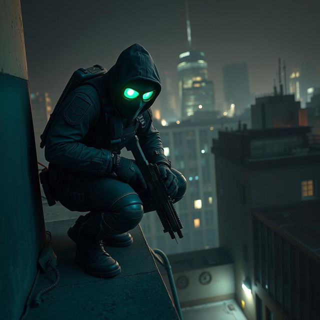 A stealthy operative inspired by the aesthetic of Splinter Cell, dressed in a tactical black suit equipped with advanced technology