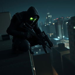 A stealthy operative inspired by the aesthetic of Splinter Cell, dressed in a tactical black suit equipped with advanced technology