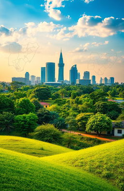 A vibrant landscape showcasing a harmonious blend of urban and rural Nigeria, prominently featuring the Abuja skyline with its modern architecture rising against a backdrop of lush greenery