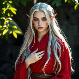 An elf female monk, gracefully posed with pale skin that glows softly in the light