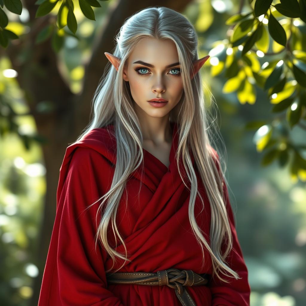 An elf female monk, gracefully posed with pale skin that glows softly in the light