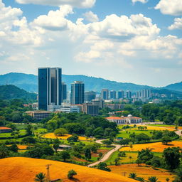 A vibrant landscape that merges urban and rural Nigeria, prominently showcasing the Abuja skyline with towering modern buildings set against a backdrop of lush, greenery-rich countryside