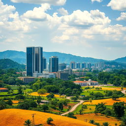 A vibrant landscape that merges urban and rural Nigeria, prominently showcasing the Abuja skyline with towering modern buildings set against a backdrop of lush, greenery-rich countryside