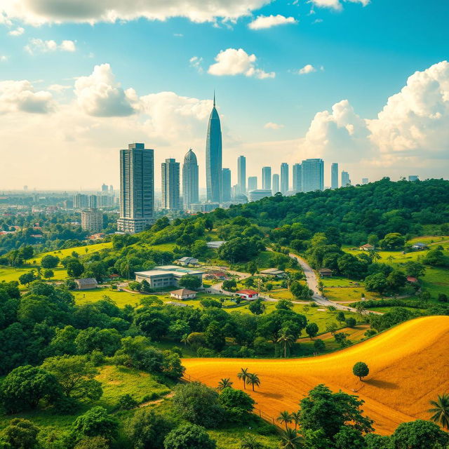 A vibrant landscape that merges urban and rural Nigeria, prominently showcasing the Abuja skyline with towering modern buildings set against a backdrop of lush, greenery-rich countryside