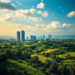 A vibrant landscape that merges urban and rural Nigeria, prominently showcasing the Abuja skyline with towering modern buildings set against a backdrop of lush, greenery-rich countryside