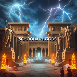 An expansive and ancient school named the School of the Gods, showcasing a stunning fusion of Greek and Pharaonic architectural elements adorned with intricate symbols from both cultures