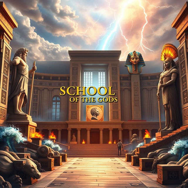 An expansive and ancient school named the School of the Gods, showcasing a stunning fusion of Greek and Pharaonic architectural elements adorned with intricate symbols from both cultures