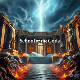 An expansive and ancient school named the School of the Gods, showcasing a stunning fusion of Greek and Pharaonic architectural elements adorned with intricate symbols from both cultures