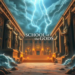 An expansive and ancient school named the School of the Gods, showcasing a stunning fusion of Greek and Pharaonic architectural elements adorned with intricate symbols from both cultures