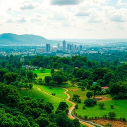 A vibrant landscape that beautifully merges both urban and rural aspects of Nigeria, prominently featuring the iconic Abuja skyline surrounded by lush greenery to represent land banking opportunities