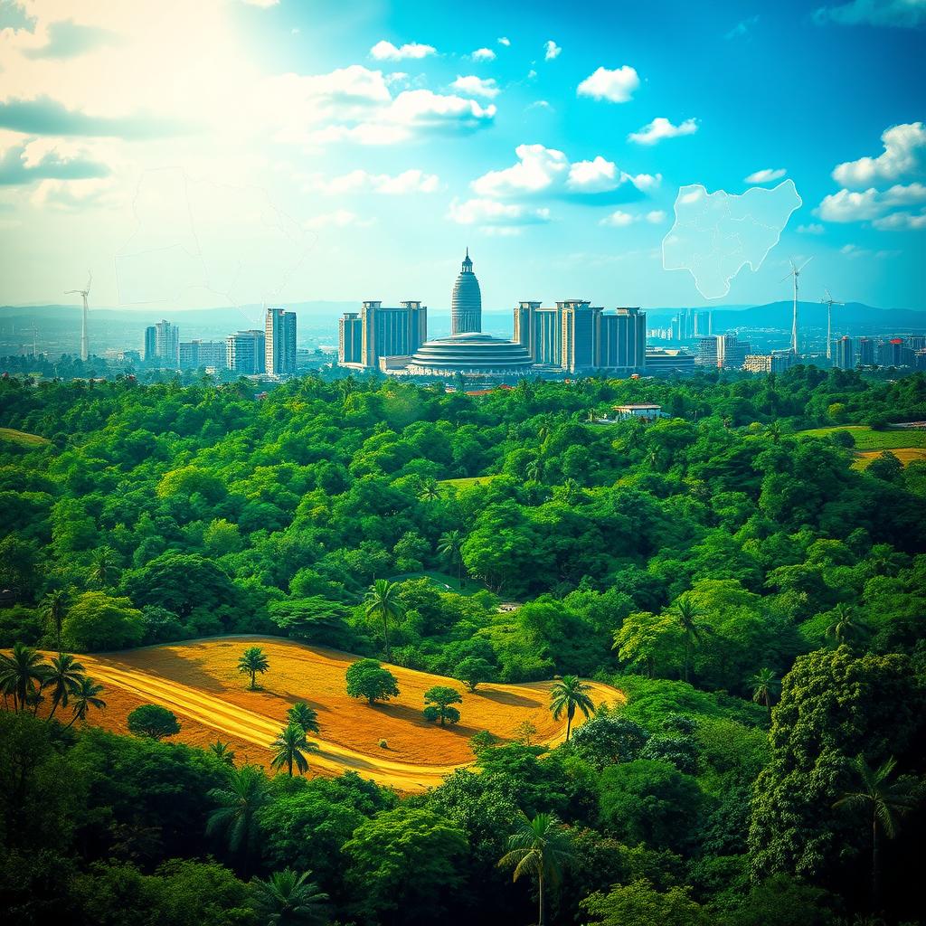 A vibrant landscape that beautifully merges both urban and rural aspects of Nigeria, prominently featuring the iconic Abuja skyline surrounded by lush greenery to represent land banking opportunities