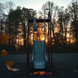 A serene and haunting scene of an empty playground at sunrise, showcasing vibrant colors of dawn filtering through the leaves