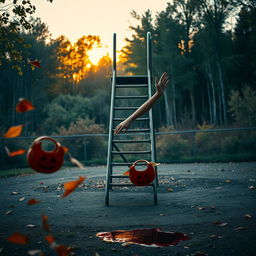 A serene and haunting scene of an empty playground at sunrise, showcasing vibrant colors of dawn filtering through the leaves