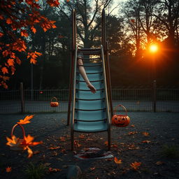 A serene and haunting scene of an empty playground at sunrise, showcasing vibrant colors of dawn filtering through the leaves