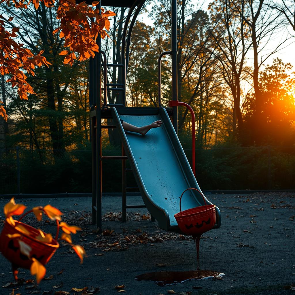 A serene and haunting scene of an empty playground at sunrise, showcasing vibrant colors of dawn filtering through the leaves