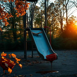 A serene and haunting scene of an empty playground at sunrise, showcasing vibrant colors of dawn filtering through the leaves