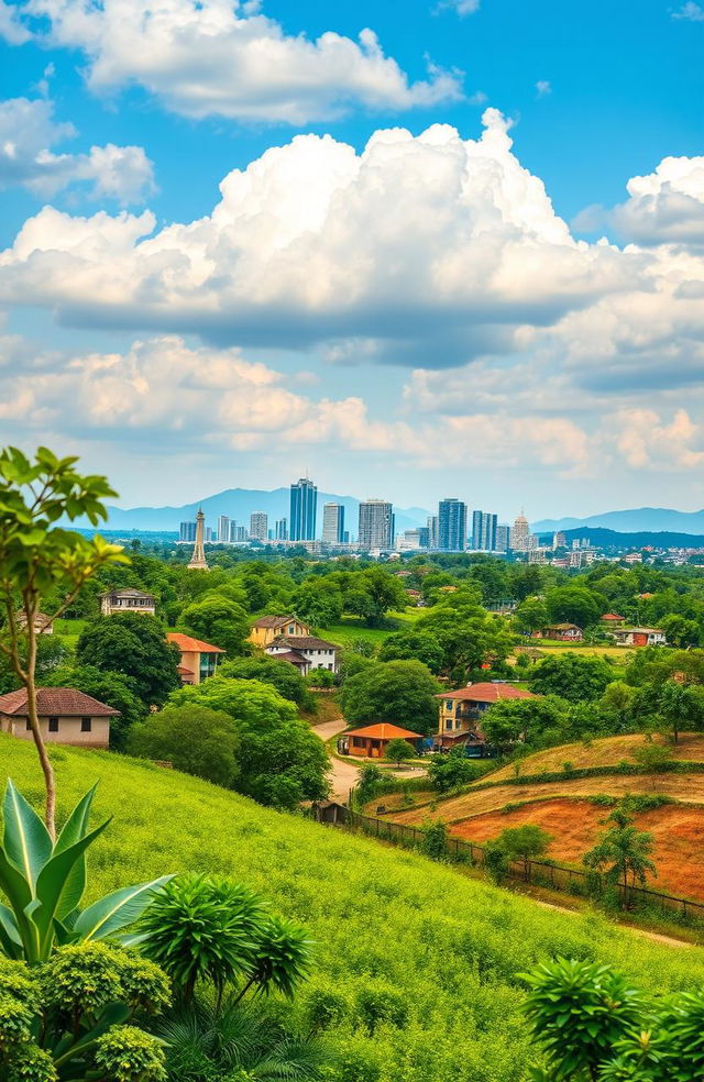 A vibrant landscape blending urban and rural Nigeria, prominently featuring the Abuja skyline against a lush backdrop symbolizing land banking opportunities