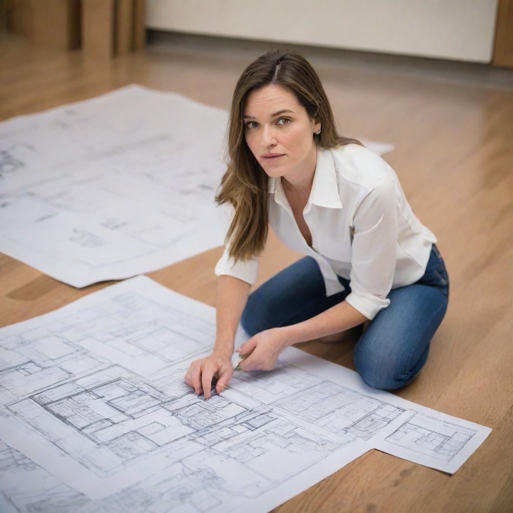 Create a caricature of a woman interior architect deeply engrossed in picking out a floor design. She should have exaggerated features, holding floor design samples, surrounded by ambiguous floor plans and blueprints.