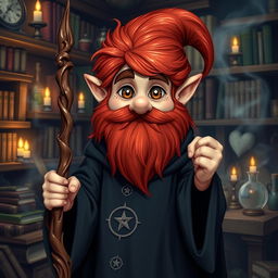 A gnome mage with striking redhead furry hair and an equally lush red beard, exuding a whimsical and magical presence