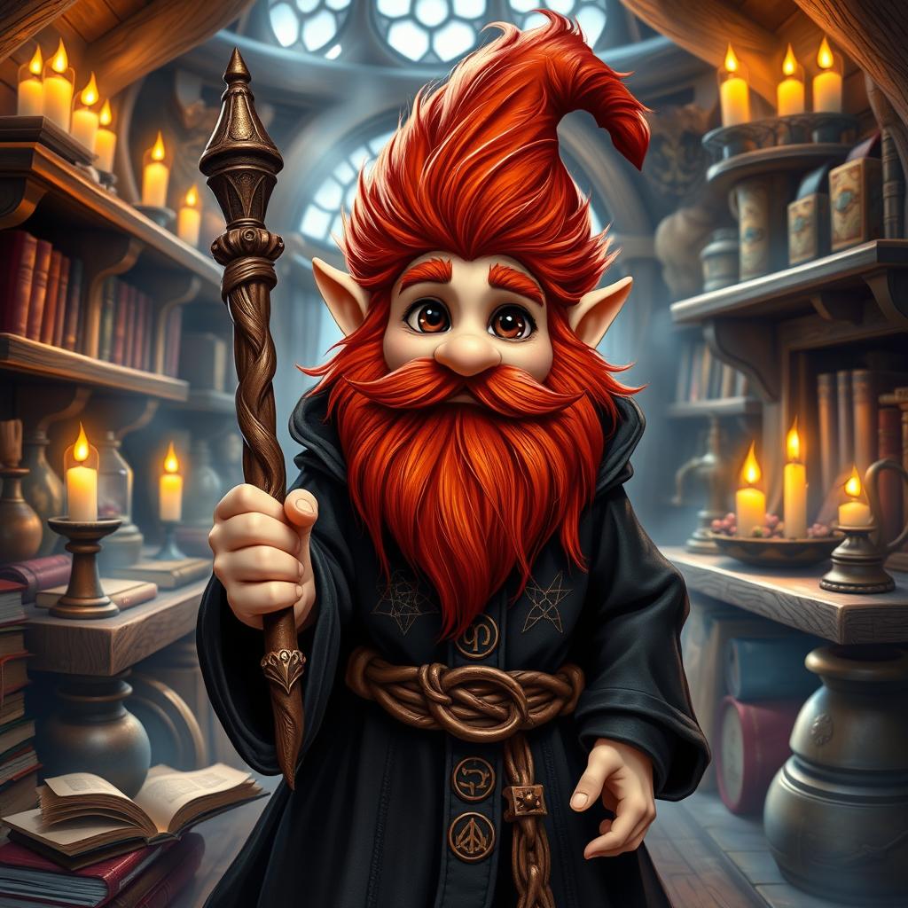 A gnome mage with striking redhead furry hair and an equally lush red beard, exuding a whimsical and magical presence