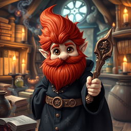 A gnome mage with striking redhead furry hair and an equally lush red beard, exuding a whimsical and magical presence