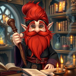 A gnome mage with striking redhead furry hair and an equally lush red beard, exuding a whimsical and magical presence