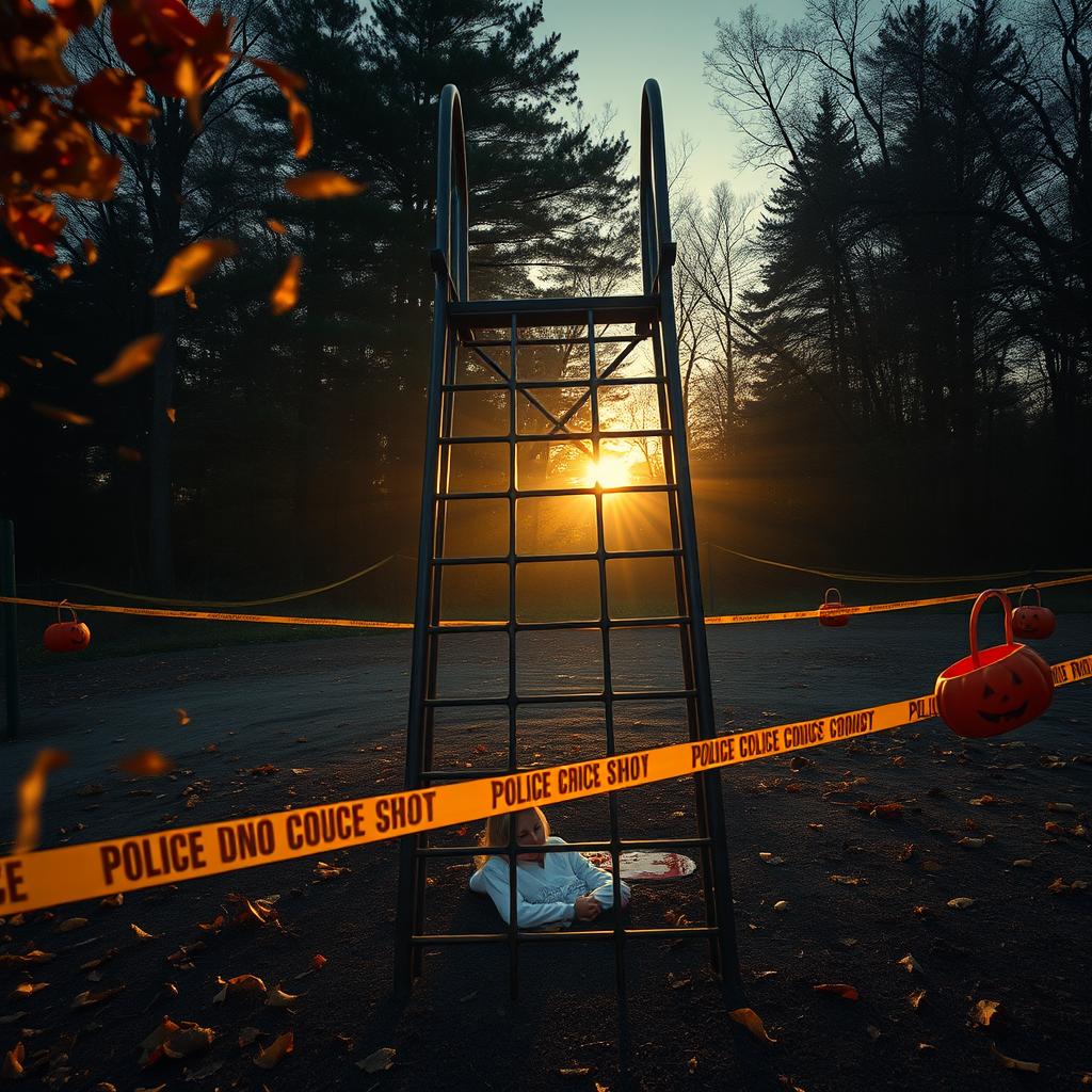 A serene yet haunting scene of an empty playground at sunrise, with the soft light of dawn casting a warm glow over the setting