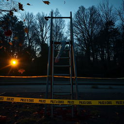 A serene yet haunting scene of an empty playground at sunrise, with the soft light of dawn casting a warm glow over the setting