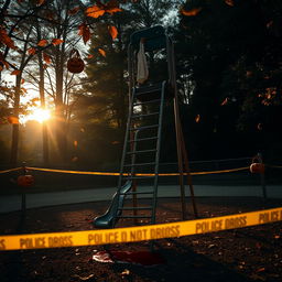 A serene yet haunting scene of an empty playground at sunrise, with the soft light of dawn casting a warm glow over the setting