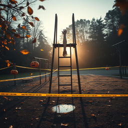 A serene yet haunting scene of an empty playground at sunrise, with the soft light of dawn casting a warm glow over the setting