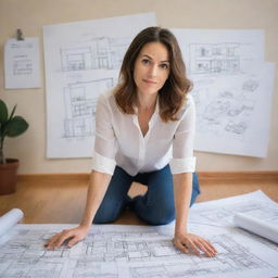 Create a caricature of a woman interior architect deeply engrossed in picking out a floor design. She should have exaggerated features, holding floor design samples, surrounded by ambiguous floor plans and blueprints.