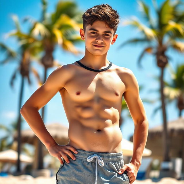 A teenage boy showcasing well-defined abs and muscular physique, standing confidently with a slight smile