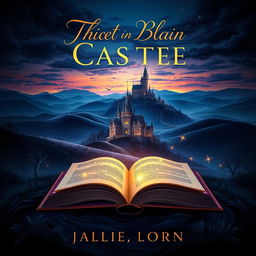 A captivating and visually striking book cover design for a fictional novel, featuring a mysterious landscape with rolling hills and a fantastical castle in the background under a twilight sky