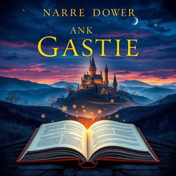 A captivating and visually striking book cover design for a fictional novel, featuring a mysterious landscape with rolling hills and a fantastical castle in the background under a twilight sky