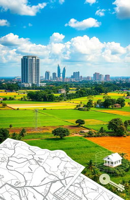 A vibrant landscape showcasing a blend of urban and rural Nigeria, prominently featuring the Abuja skyline with tall modern buildings against a beautifully lush backdrop