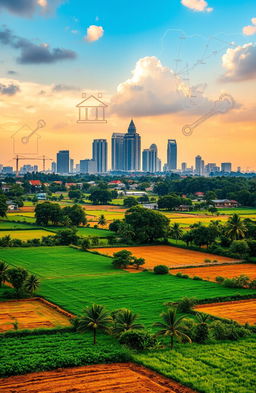 A vibrant landscape showcasing a blend of urban and rural Nigeria, prominently featuring the Abuja skyline with tall modern buildings against a beautifully lush backdrop