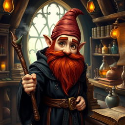 A realistic depiction of a gnome mage, characterized by his vivid redhead furry hair and a bushy red beard that adds to his whimsical charm