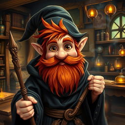 A realistic depiction of a gnome mage, characterized by his vivid redhead furry hair and a bushy red beard that adds to his whimsical charm