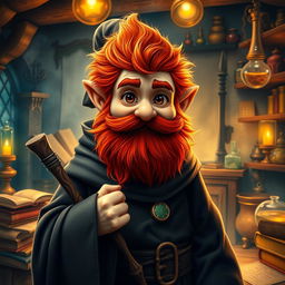 A realistic depiction of a gnome mage, characterized by his vivid redhead furry hair and a bushy red beard that adds to his whimsical charm