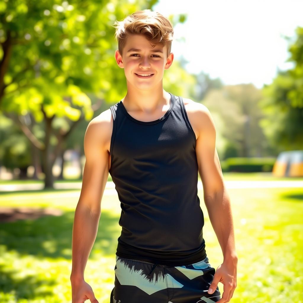A teenage boy with a toned, muscular physique and defined abs, confidently posing in a sunny outdoor environment
