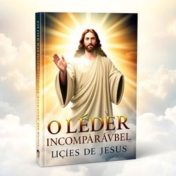 A captivating book cover for 'O Líder Incomparável: Lições de Jesus', featuring an artistic depiction of a serene, wise figure symbolizing Jesus, surrounded by light and inspirational imagery representing leadership, guidance, and transformation