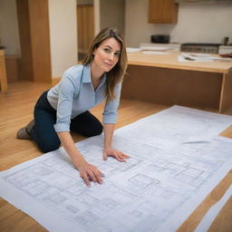 Create a caricature of a woman interior architect deeply engrossed in picking out a floor design. She should have exaggerated features, holding floor design samples, surrounded by ambiguous floor plans and blueprints.
