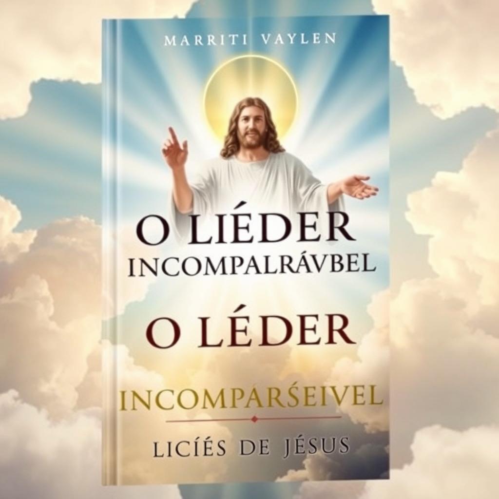 A captivating book cover for 'O Líder Incomparável: Lições de Jesus', featuring an artistic depiction of a serene, wise figure symbolizing Jesus, surrounded by light and inspirational imagery representing leadership, guidance, and transformation