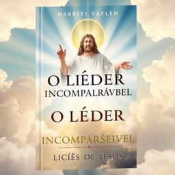 A captivating book cover for 'O Líder Incomparável: Lições de Jesus', featuring an artistic depiction of a serene, wise figure symbolizing Jesus, surrounded by light and inspirational imagery representing leadership, guidance, and transformation