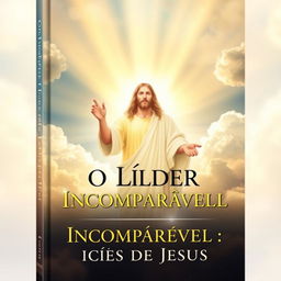 A captivating book cover for 'O Líder Incomparável: Lições de Jesus', featuring an artistic depiction of a serene, wise figure symbolizing Jesus, surrounded by light and inspirational imagery representing leadership, guidance, and transformation